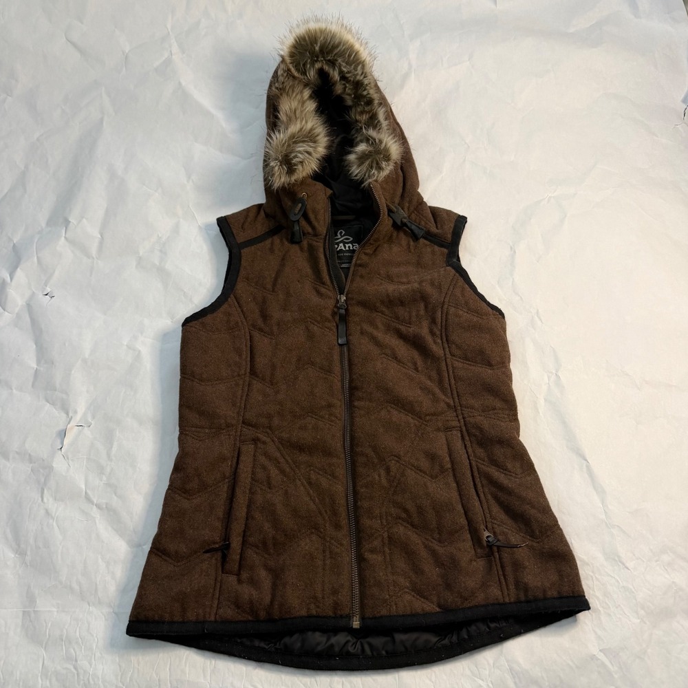 Prana Calla Quilted Wool Brown Hooded Vest Faux Fur Trim Full Zip Womens XS